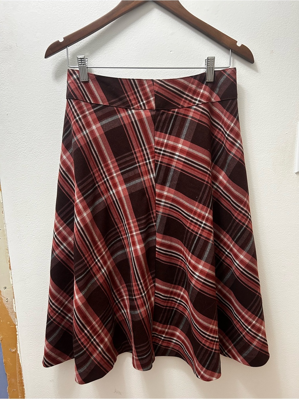 Plaid A-Line Midi Skirt in Burgundy and Red